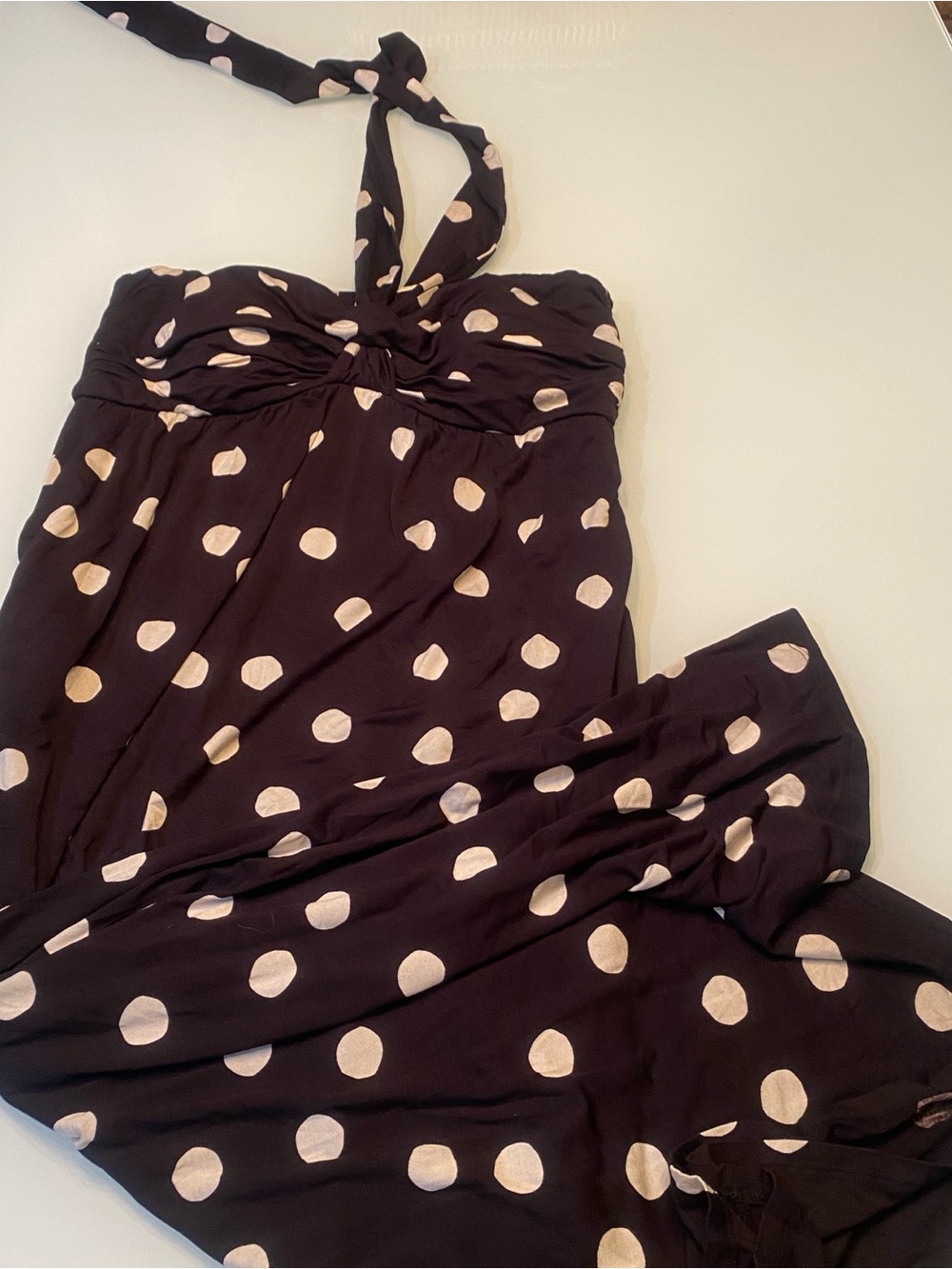 Soma Black White Polka Dot Halter Maxi Dress Built-In Bra Pockets Size L NWOT